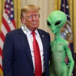 a low quality photo of Trump with an alien, caught footage