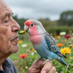 a pink and white rosy - faced lovebird eating a old man in a flower garden on a cloudy day. photograph