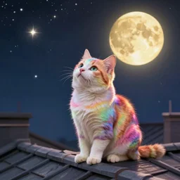 shiny rainbow cat looking at the stars, sitting on rooftop, gold moon, hyperdetailed, artstation, cgsociety, 8 k