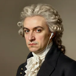 portrait of Wolfgang Amadeus Mozart wearing earpods