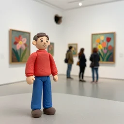 plasticine sculpture stop motion. clay models. man in red jumper and blue jeans 5 0 from left. gallery paintings of flowers. visitors. contemporary art gallery small hole in wall. surreal. high detail. photorealistic
