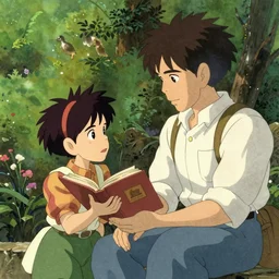 a wholesome animation key shot of a young boy is showing a book to an old man outside in garden, studio ghibli, pixar and disney animation, sharp, disney concept art watercolor illustration by mandy jurgens and alphonse mucha and alena aenami, pastel color palette, dramatic lighting