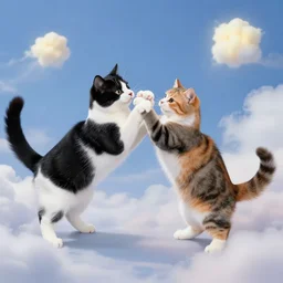 a black and white cat and a multicoloured cat playing in heaven