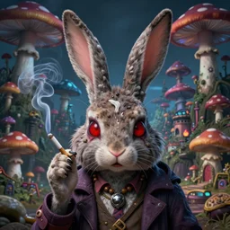 4 k headshot portrait of a psychedelic demonic anthropomorphic bunny rabbit smoking a hand - rolled cigarette smoking heavily, magic mushroom village in background. award winning. superb resolution. in the art style of junji ito and greg rutkowski. detailed mushroom city in background. hyper realistic anime. perfect art. dalle 2