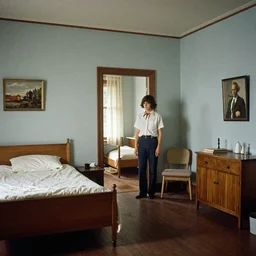 photo taken with provia provia photo taken with ektachrome by Wes Anderson flickr american barbizon school a matte painting a person standing in a bedroom next to a bed 1976