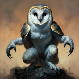 potrait of giant omnipotent barn owl striking an aggressive pose, by zdzislaw beksinski, by dariusz zawadzki, by wayne barlowe, gothic, surrealism, cosmic horror, lovecraftian, cold hue's, warm tone gradient background, concept art, beautiful composition