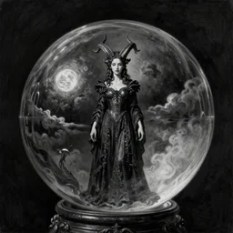 By Tom Bagshaw, ultra realist soft painting of curiosities by night, very beautiful horned single female in long gothic dress glass sphere, symmetry accurate features, very intricate details, omnious sky, black and white, volumetric light clouds