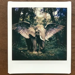 mythical elephant with wings in a forest, vintage polaroid