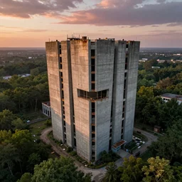 brutalist architecture with perfect straight edges, abandoned streetscapes surrounded by lush green forest, aerial view, stunning volumetric lighting, sunset, rusted steel, smooth solid concrete, stunning skies, trending on Artstation, 8k, photorealistic, hyper detailed, unreal engine 5, IMAX quality, cinematic, epic lighting, in the style of the game DOOM, by Greg Rutkowski