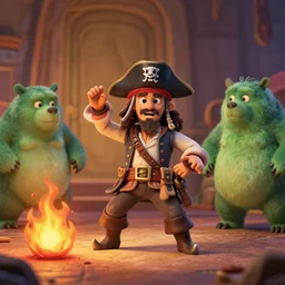 Stop-motion animated movie showing a pirate dancing around a fire with green demon-bears