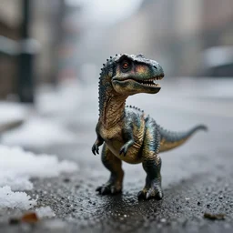! dream a beautiful photo by saul leiter of a tiny dinosaur standing in the street, tiny gaussian blur, insanely detailed, insanely intricate, insanely beautiful, depth of field, low contrast, snowy, wide aperture