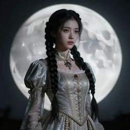 a beautiful octane render of a daughter of the moon clan, with long, black, braided hair : nighttime, full moon, low light. strong keylight. esoteric, highly detailed, sharpness. victorian dress. canon eos ef 5 0 mm. trending on artstation.