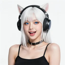 realistic detailed semirealism beautiful gorgeous natural cute excited happy Blackpink Lalisa Manoban white hair white cat ears blue eyes, wearing black camisole outfit, headphones, black leather choker artwork drawn full HD 4K high resolution quality artstyle professional artists WLOP, Aztodio, Taejune Kim, Guweiz, Pixiv, Instagram, Artstation