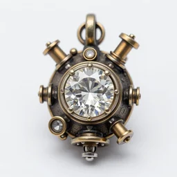 a macro photo of amazing steampunk amulet with diamond jewel and small steam tubes, volumetric lightning, octane render, 4 k, hd, realistic reflections, extremely high detailed, trending on artstation