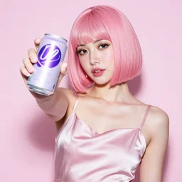 a woman with a pink bobcut in a silk light pink shoulderless dress holding up a light purple soda can with a purple design, medium close - up, photograph, glossy, vibrant, y 2 k, hyperpop, album art