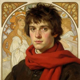 portrait closeup, red scarf, hearthstone, dnd, by bouguereau by alphonse mucha, james gurney, ruan jia, conrad roset.