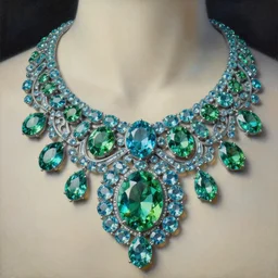 highly detailed oil painting, very realistic gemstones, symmetrical, art nouveau, ornate, delicate, brilliant green, cyan and light blue gemstone necklace, dramatic light,