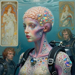 realistic extremely detailed photo style portrait painting of octpoid ; ] astro. xc. scuba [ ; q suit with stlorn diamond 3 d fractal lace iridescent bubble 3 d skin clear brain, retro futuristic, water, style hybrid mix of beeple, anton pieck, jean delville, amano, yves tanguy, alphonse mucha, ernst haeckel, edward