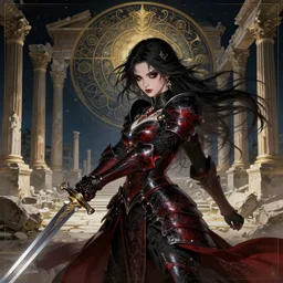 evilly knights of zodiac girl + smoky eyes, black and reddish color armor, sword and katana fighting in ruined agora of athens fallen night, ssci - fi and fantasy, intricate and very very beautiful and elegant, highly detailed, digital painting, artstation, concept art, smooth and sharp focus, illustration, art by tian zi and wlop and alphonse mucha
