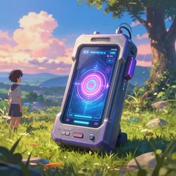 neural exciter gadget desolation spawn, vibrant photorealistic CG render by Ivan Shishkin, anime scenery by Makoto Shinkai, wholesome, discovery
