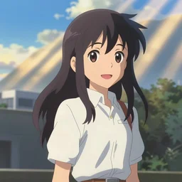 Smiling Kurisu Makise by Akihiko Yoshida, Makoto Shinkai, with backdrop of god rays