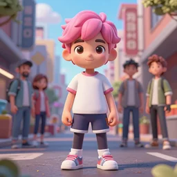 a beautiful cute boy with pink hair wearing tshirt and leggings under shorts in a city. character design by cory loftis, fenghua zhong, ryohei hase, ismail inceoglu and ruan jia. artstation, volumetric light, detailed, photorealistic, fantasy, rendered in octane