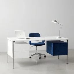 a very minimalistic 7 0 s prisunic catalog with the indoor office with white, velvet blue and metal of severance series ( 2 0 2 2 ), in color