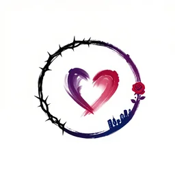 minimalist logo on white background. black, deep purple, deep red, dark blue. simple, elegant brushstrokes. motifs include thorns, brambles, society, love, mischief, passion, roses, city, community.