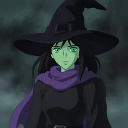 green skin female witch wearing a black witch hat, jet black hair, bright green eyes and pale greenish skin, purple scarf around her neck, simple black dress, detailed perfect face, mid view, design on a dark foggy background, by studio muti, greg rutkowski makoto shinkai takashi takeuchi studio ghibli
