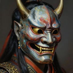 baroque neoclassicist close - up portrait of a cyberpunk retrofuturistic japanese warrior wearing an oni mask. iridescent and reflective textures. highly detailed science fiction painting by norman rockwell, frank frazetta, and syd mead. rich colors, high contrast, gloomy atmosphere. trending on artstation and behance.