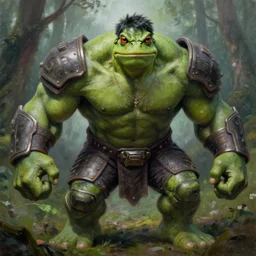 macro medium shot, rugged anthropomorphic muscular!!!!!!!!! oversized!!!!!!!! hulked!!!! frog as oversized green armored barbarian armored hunter wearing war sci - fi armor in deep forest, foggy, oil painting by greg rutkowski by frazetta by rembrandt by louie travis
