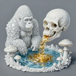 a painting of a stream of water pouring from a biomorphic gorilla skull and producing gold liquid, in a wild mushroom fountain, bath like style, isometric views, white crystal texture , 8k