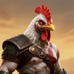 screenshot of Kratos with a chicken head, volumetric lighting, high detail, 4k, warm toned gradient background