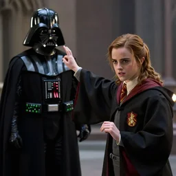 Emma Watson wearing Hogwarts robes, casting a spell on Darth Vader, film still, cinematic, epic, dramatic lighting