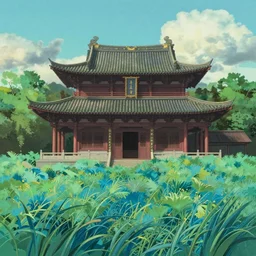 a landscape of chinese temple surrounded by green blue grasses, sunny day, highly detailed, 4 k, by andrei riabovitchev, shaun tan, peter mohrbacher, ghibli