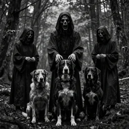 a horrifying, unnerving photo of dogs in dark robes performing a human sacrifice in the woods. black and white, grainy, distorted, creepy