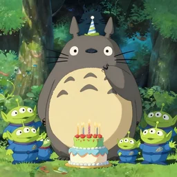 aliens of the toy story say happy birthday to totoro, style in hayao miyazaki