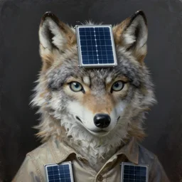 a young wolf boy furry portrait with porcelain face and big eyes, solar panels, dressed in a vintage shirt, conceptual art, oil fantasy painting, hyperdetailed, dramatic light, 8 k