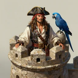 pirate captain with a blue macaw. from the top of a stone fortification. intricate, elegant, highly detailed, digital painting, artstation, concept art, sharp focus, illustration, by justin gerard and artgerm, 8 k