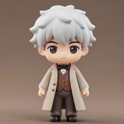 aziraphale from good omens in nendoroid style, nendoroid, good omens tv series, white curly short hair, beige suit, long coat, brown tartan vest, bow tie, michael sheen