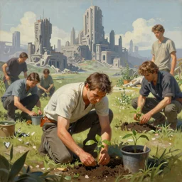 a mixed media portrait painting of a gardener planting a seedling, minimalist, by frank frazetta, greg rutkowski, beeple, yoko taro, christian macnevin, beeple, wlop and krenz cushart, epic fantasy character art, volumetric outdoor lighting, high fantasy, cgsociety, full length, exquisite detail, post - processing, masterpiece, cinematic, a ruined futuristic city sits in the distance