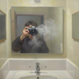 A camera evaporating into thin air in a bathroom, Oil painting
