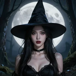 close - up portrait of a beautiful girl as witch in front of the full big moon in a fantasy forest, black bra, by james gurney, max liebermann, greg rutkowski, highly detailed digital art, artstation