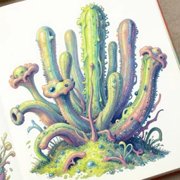 * * * * weird alien species of plant : : tubes pods leaves strange crazy colors organic pastel neon and green : : professional gouache codex diagram full page scan rich colored ink highly detailed