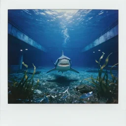 abandoned mall, under water, hungry shark approaching from the distance, distant lighting, psychedelic, at night, aquatic plants, shards of glass, polaroid 6 0 0