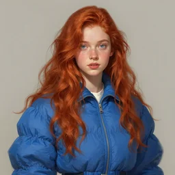 portrait of madeline from celeste, blue bubble jacket red long hair, highly detailed, digital painting, artstation, concept art, sharp focus, illustration, art by greg rutkowski and alphonse mucha