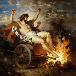 an epic thomas cole naturalist style painting of icarus crashing and burning his chariot