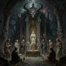 a lovecraftian painting of a demonic shrine, occult, sacred ritual, cosmic horror elements, ultra realistic, concept art, intricate details, eerie, highly detailed, photorealistic, octane render, 8 k, unreal engine. art by artgerm and greg rutkowski and alphonse mucha