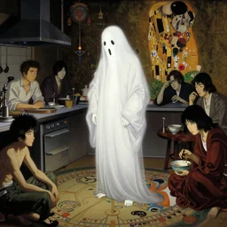 hyper realistic traditional japanese illustration of a ghost in the kitchen, haunted atmosphere, in the style of austin osman spare, wayne barlowe, gustav moreau, goward, gaston bussiere and roberto ferri, santiago caruso, bouguereau, klimt, saturno butto, sorayama. occult art, alchemical diagram