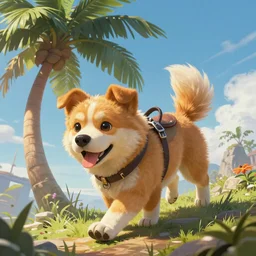 A striking epic hyper real comic book style portait painting of a cute puppy dog walking on a palm tree, D&D Concept Art, unreal 5, DAZ, Apex legends concept art, hyperrealistic, octane render, cosplay, RPG portrait, dynamic lighting